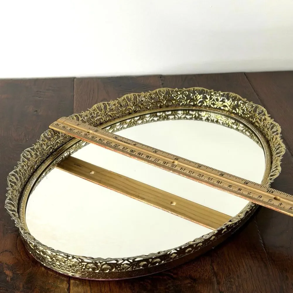 Vintage Gold Tone Filigree Mirrored Vanity Tray 13x10